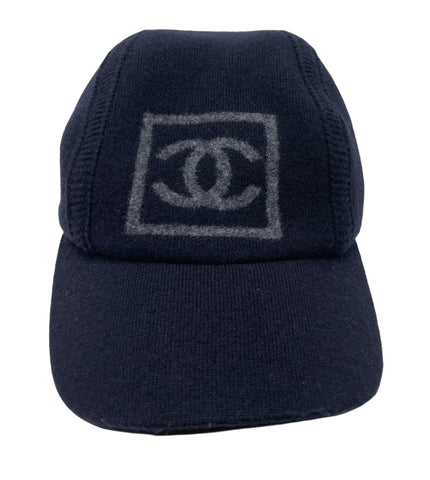 Chanel Navy Cashmere Sport Cap with Logo, Size L